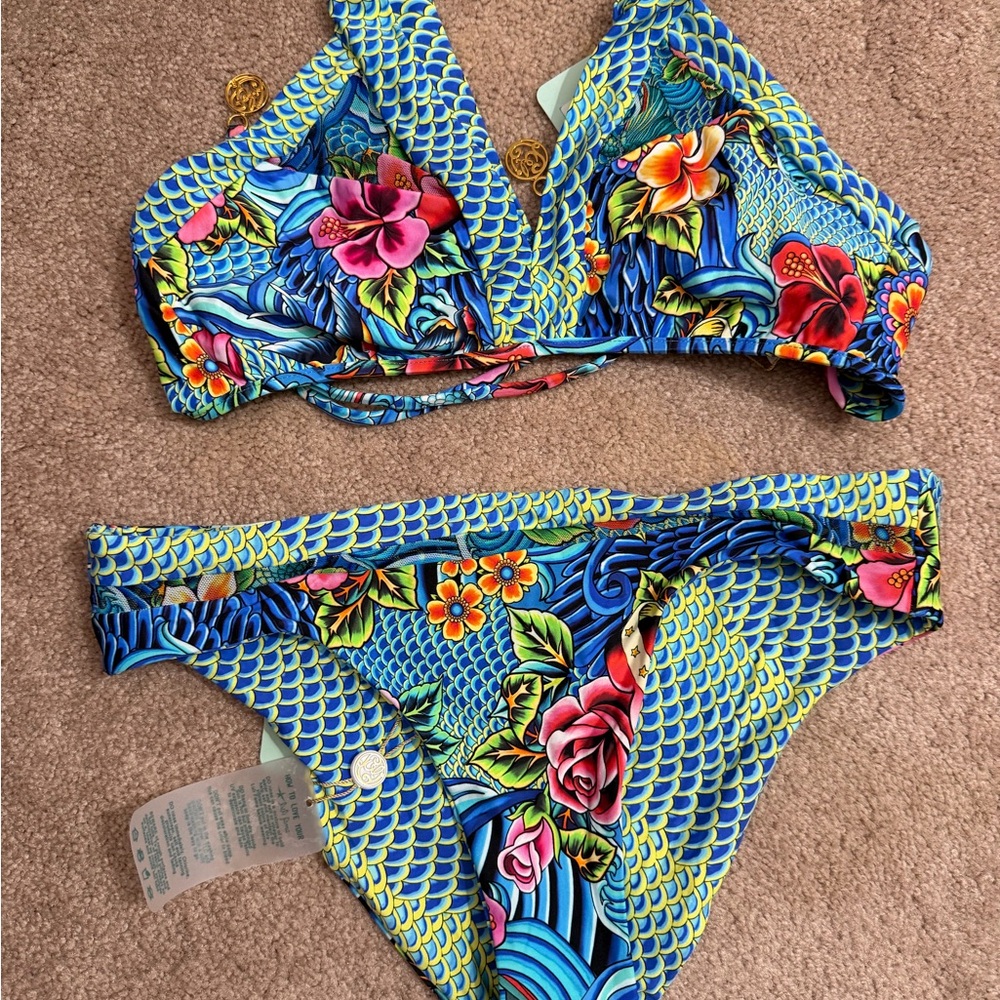 Luli Fama Blue and Yellow Floral Bikini
